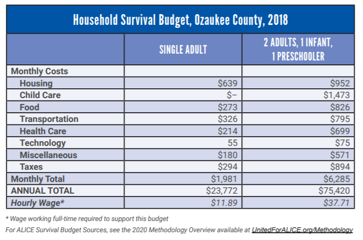 Ozaukee County survival budget chart
